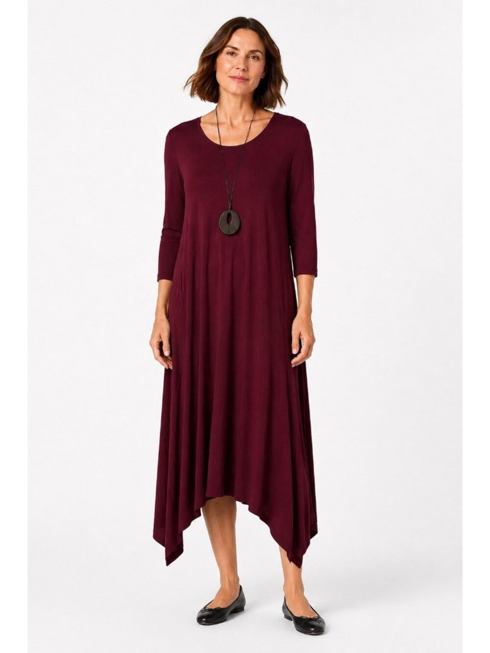 NEW EILEEN FISHER MIDI DRESS burgundy XL handkerchief hem jersey knit lagenlook